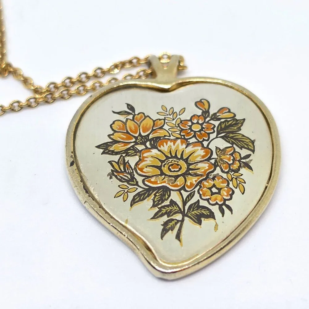 Vintage Reed & Barton Damascene Floral Heart Pendant with Amway GF 16' Chain